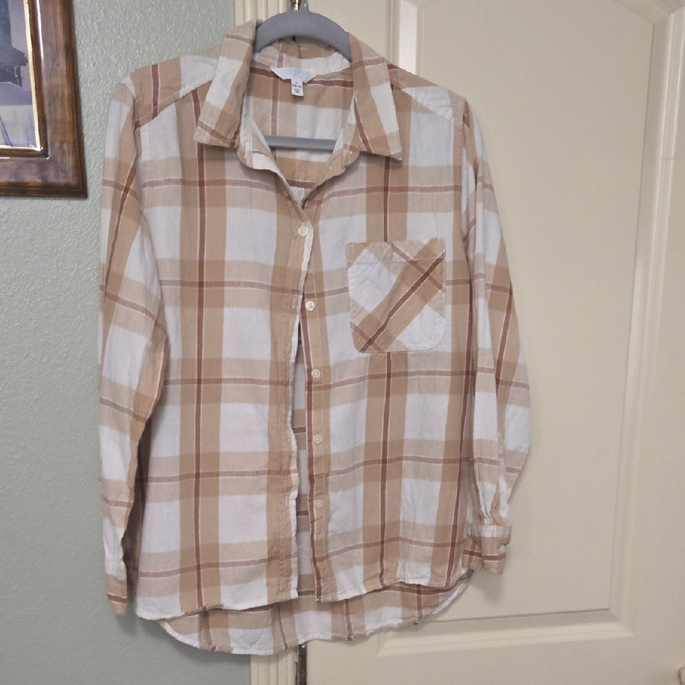 Time and Tru Beige and White Plaid Button-Down Shirt